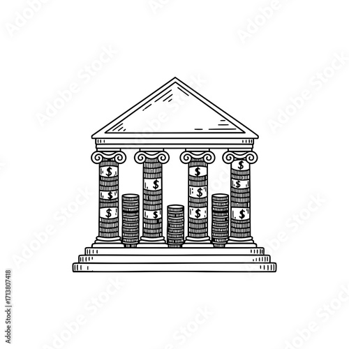 Bank building icon with columns patterned by stacked coins, financial institution design, money savings symbol for deposit, investment, finance and economy