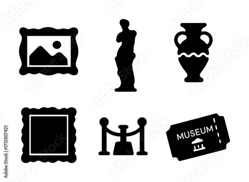 Museum icons: painting, sculpture, vase, frame, barrier, ticket symbols