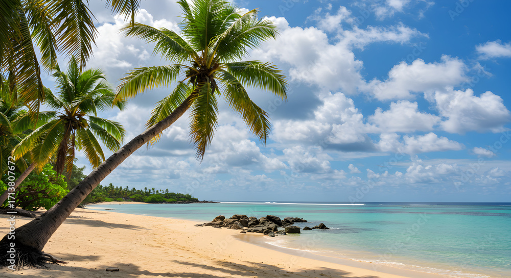 Fototapeta premium Tropical Beach with Palm Trees Sandy Shore Azure Waters and Cloudy Blue Sky Scenery