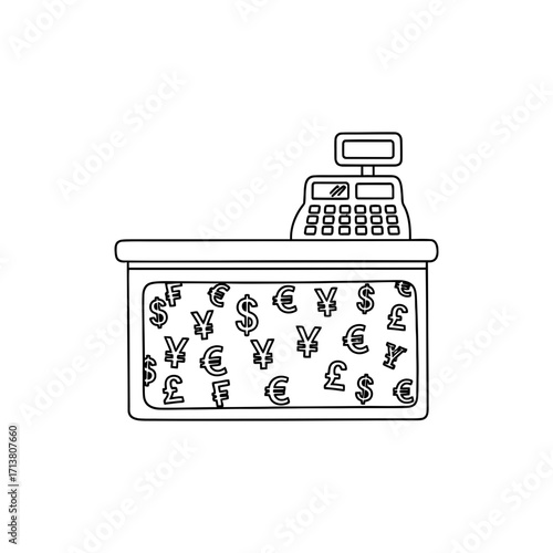 Doodle cashier counter filled with currency symbol icons
