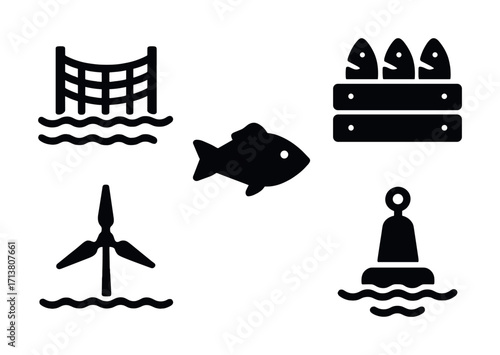 Marine industry icons: fish, fish farm, wind turbine, buoy, fish crate symbols