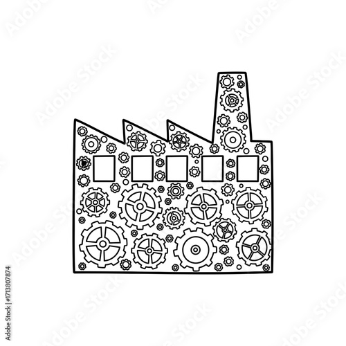 Doodle factory building with walls filled with gear wheels