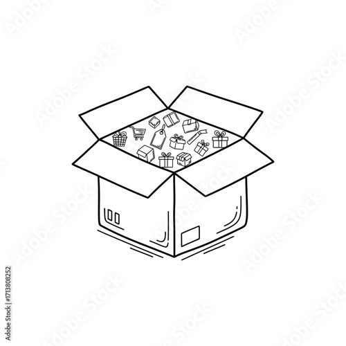 Doodle open parcel with product icons