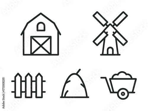 Farm icons set featuring barn, windmill, fence, haystack, wheelbarrow