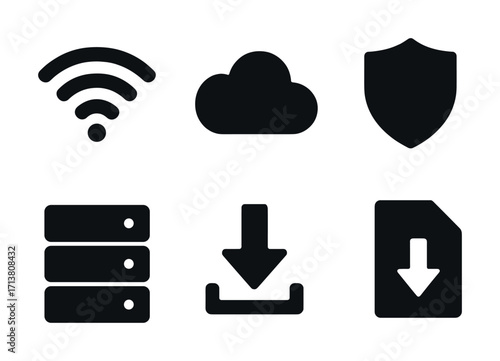 Technology icons: wi-fi, cloud, security shield, server, download symbols