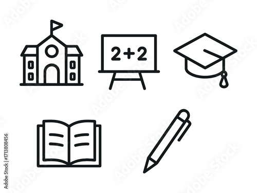 Education symbols: school, blackboard, graduation cap, book, and pen icons