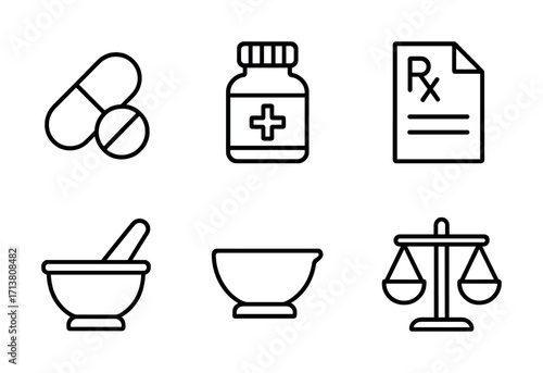 Medical icons set featuring pills, medicine bottle, prescription, mortar, bowl, and scales