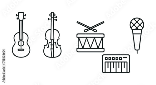 Musical instruments: guitar, violin, drum, microphone, keyboard line art illustration