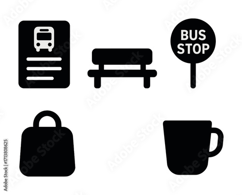 Public transport icons: bus ticket, bench, bus stop, bag, mug