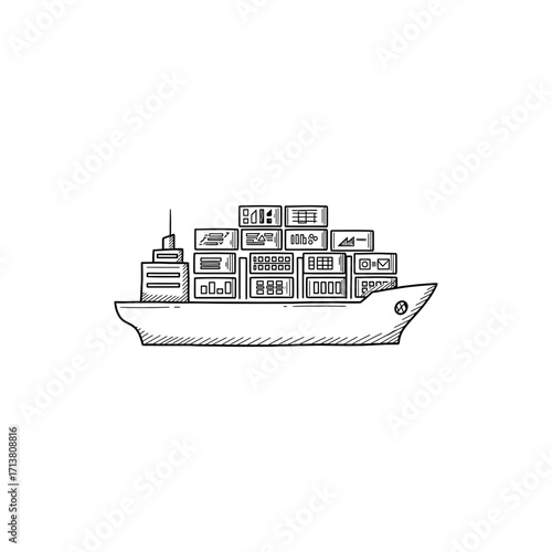 Doodle cargo ship with container grid icons