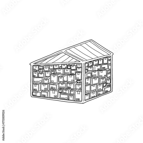 Doodle warehouse building walls filled with stacked box icons