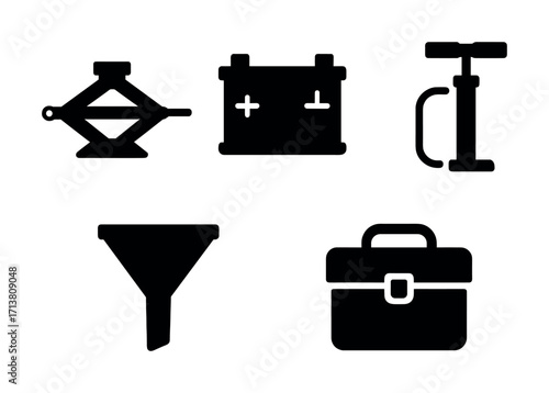 Car equipment icons: jack, battery, pump, funnel, briefcase