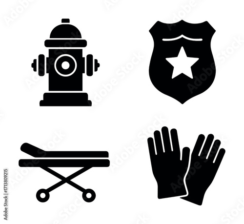 Fire hydrant, police badge, medical stretcher, safety gloves icons set