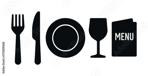 Dining icons: fork, knife, plate, wine glass, menu in black silhouette