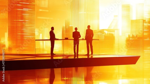 Silhouetted Businessmen in Modern Office, Golden Hour Cityscape, Abstract Architecture.