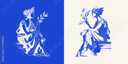 Elegant crayon sketchy draw of ancient Greek woman holding an olive branch. Classical mythology line art vector illustration.