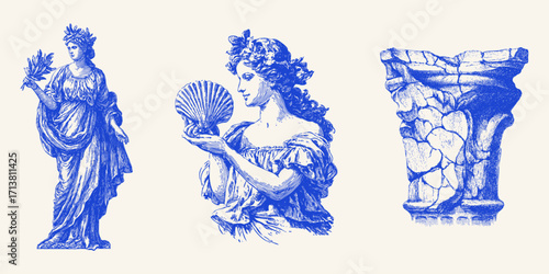 Antique engraving illustrations. Greek goddess with laurel, woman with seashell, cracked classical column. Mythology line art.
