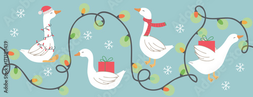 Goose with garland, gift, scarf Christmas border. Horizontal vector illustration for winter holidays