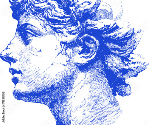 Detailed engraved profile of ancient Greek statue head in blue. Classical antique portrait drawing in sketch pencil style. Roman sculpture and mythology.