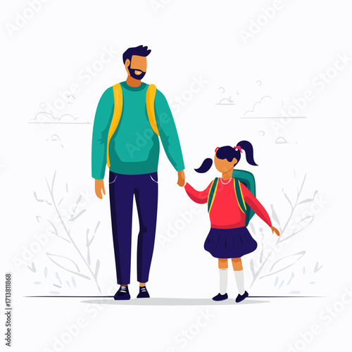 Vector image of Father and daughter holding hands walking to school together with backpacks