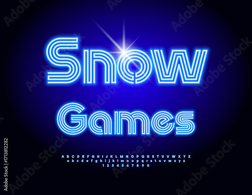 Vector Neon poster Snow Games. Illumination Maze style Font. Glowing Alphabet Letters and Numbers set.