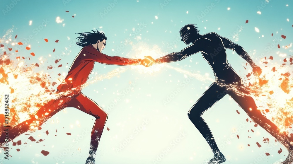 Naklejka premium Two Figures Clash, Energy Exchange, Dynamic Illustration, Comic Book Style