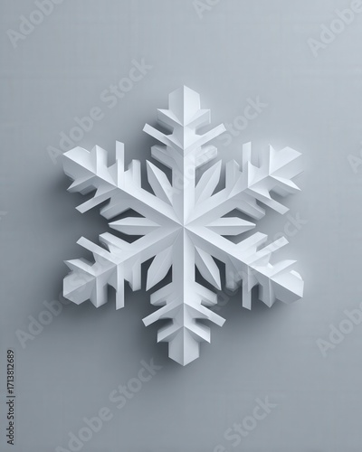 White snowflake on gray background for Christmas design. 3D-rendered white snowflake with shadow effect on a neutral gray background. Minimal and elegant design perfect for Christmas and winter-themed