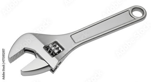 Isolated shiny chrome adjustable wrench with eyelet for hanging against no background