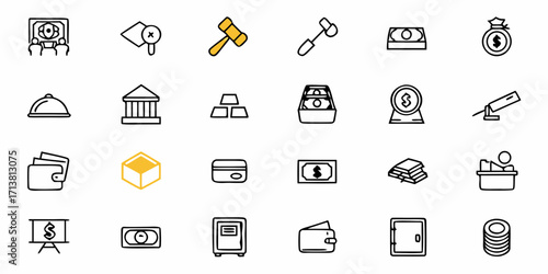Financial icons set showcasing money, banking, and investment concepts for modern business presentations and websites.