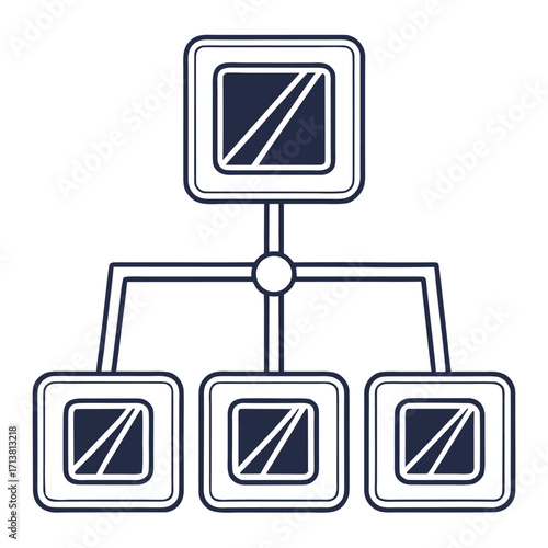 Dark blue network diagram with one central node and three connected nodes hierarchy structure