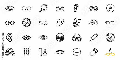 Eye care and vision icons for health science and medical research, representing sight and examination