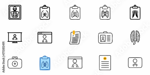 Medical icons featuring X-rays, patient records, doctor's bag, and ID cards for healthcare presentations