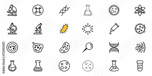Scientific icons depicting microscopes, bacteria, viruses, DNA, and lab equipment for research and discovery