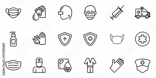 Essential medical protective gear and healthcare icons including masks gloves syringe ambulance doctor scrubs and sanitizer for health awareness campaigns