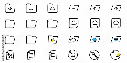 Hand-drawn icons representing digital files, cloud storage, and various data management actions for modern applications