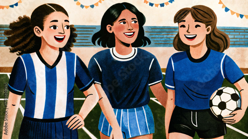 Vector illustration of girls teammates laughing and walking together on a football field. Sports friendship, teamwork, joy, and athletic lifestyle concept for youth and school activities.