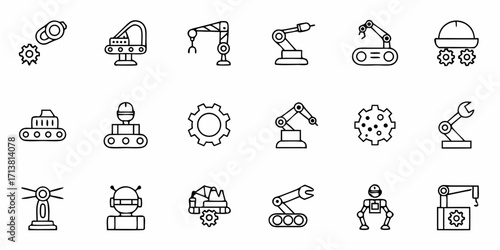 Modern industrial automation icons featuring robots, gears, and conveyor belts for technology and manufacturing concepts