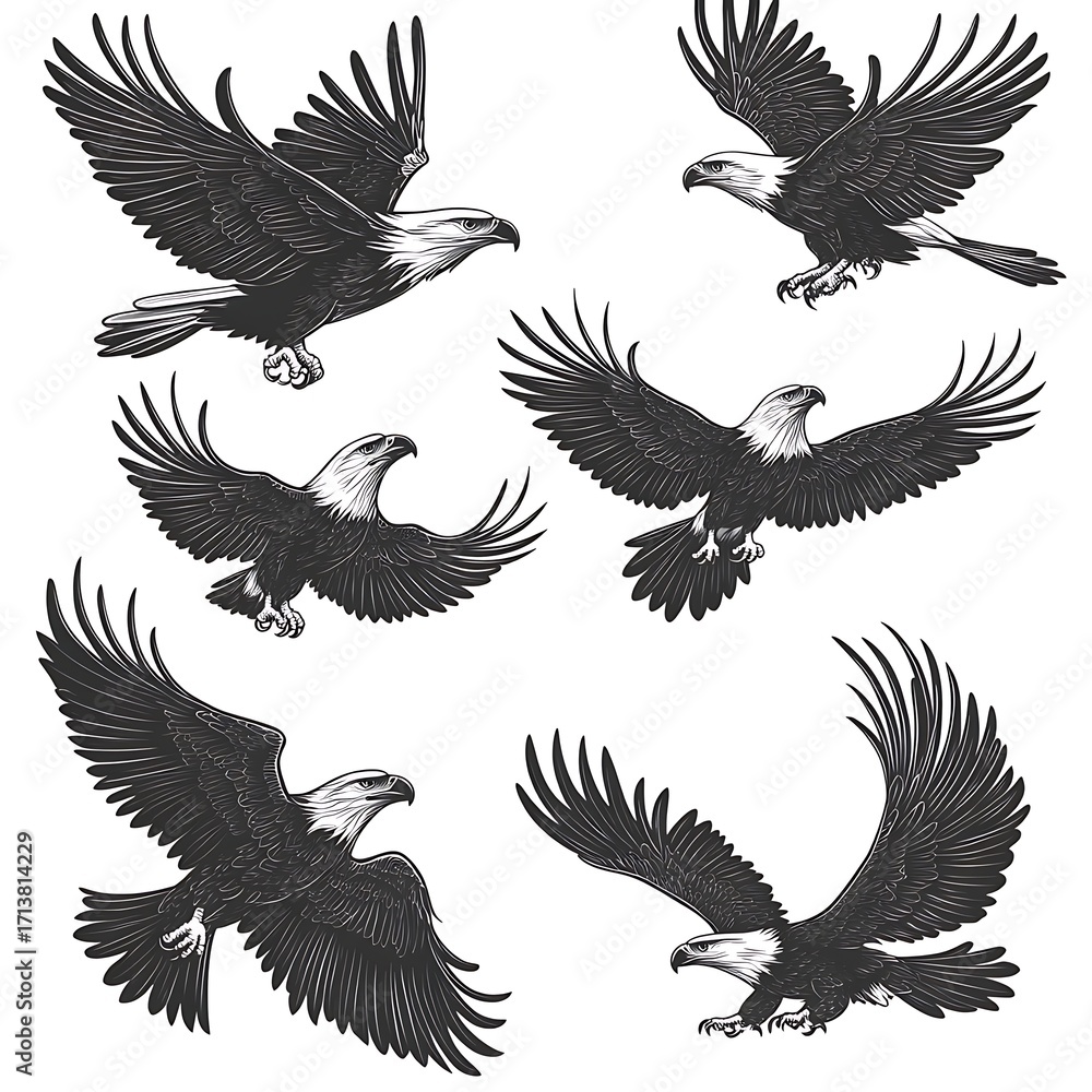 Obraz premium Collection of six grunge style bald eagles in flight and perched