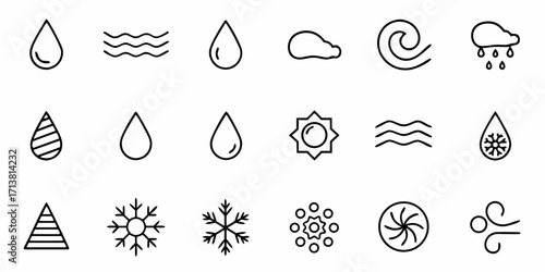 Modern weather icons depicting rain, snow, wind, and sun for weather apps and forecasts