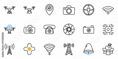 Modern icons for drone, camera, location, technology, and communication systems