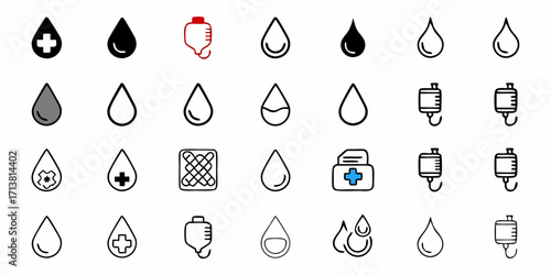 Medical icons featuring blood drops, IV bags, and crosses for healthcare and donation themes