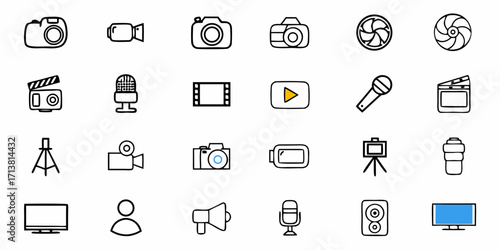 Creative media production icons including cameras, microphones, film reels, and broadcast equipment for dynamic content creation