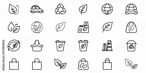 Eco-friendly icons set featuring leaves, globe, car, recycling, factory, shopping, and trash for sustainability concepts.