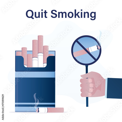 Quit smoking, overcoming addiction. Big user hand with stop sign near tobacco package. Stop smoking, cigarette in prohibition circle signs. Stop bad habits. Ban for nicotine.