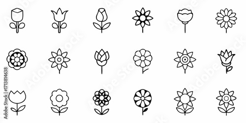 Charming collection of hand-drawn floral icons and simple flower outlines for decorative and design projects