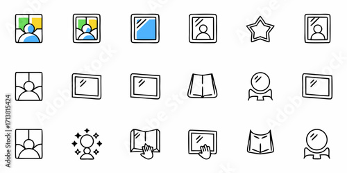 Diverse collection of simple, modern icons representing personal profiles, digital content, and creative ideas
