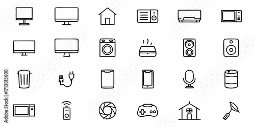 Modern technology icons for smart home, entertainment, and digital devices conveying connectivity and convenience