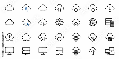 Dynamic cloud computing icons representing data storage, network, and digital services for modern technology concepts