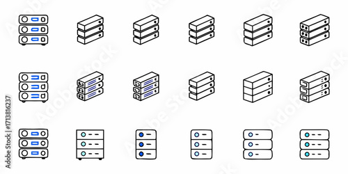 Diverse server rack icons representing data storage and network infrastructure for modern technology concepts.