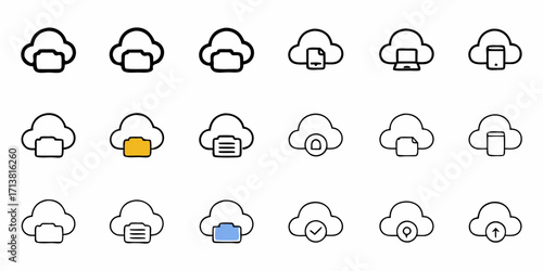Modern cloud icons represent data storage, security, and digital access for dynamic technology solutions.